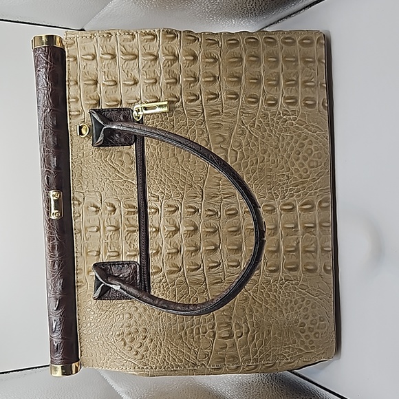 Croc Embossed Italian Leather Satchel in Taupe - Picture 2 of 10
